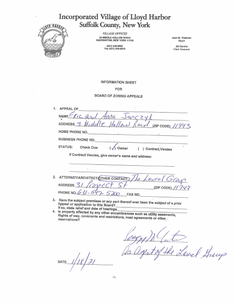 First page of the Board of Zoning Appeals Appeal Application