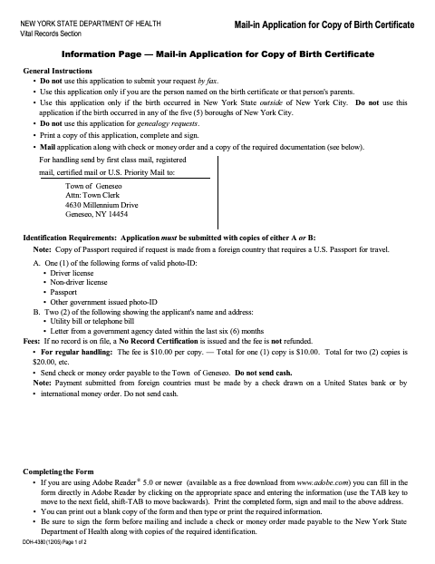 First page of the Mail-In Application for Copy of Birth Certificate