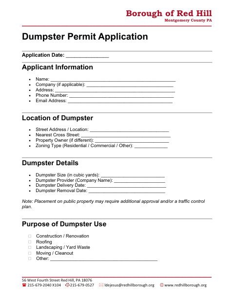 First page of the Dumpster Permit Application