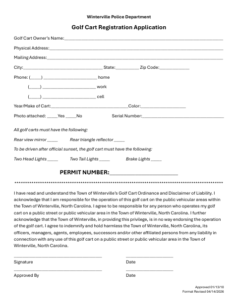 First page of the Golf Cart Registration Application