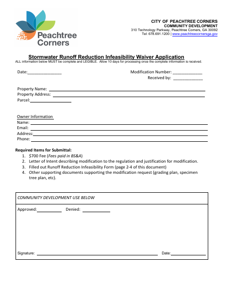 First page of the Stormwater Runoff Reduction Infeasibility Waiver Application
