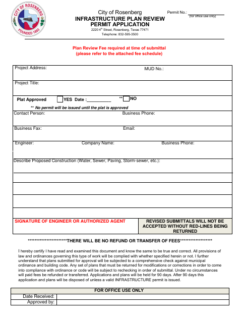 First page of the Infrastructure Plan Review Permit Application