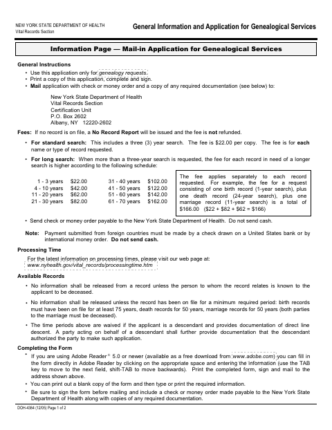 First page of the Mail-In Application for Genealogical Services