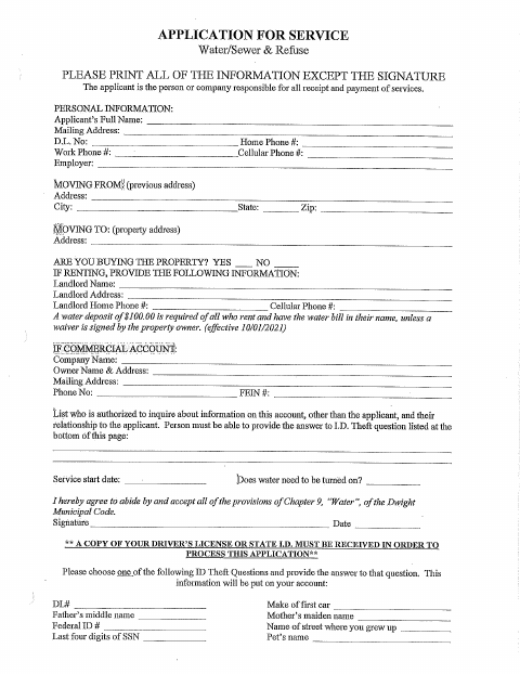 First page of the Water, Sewer & Refuse Application for Service