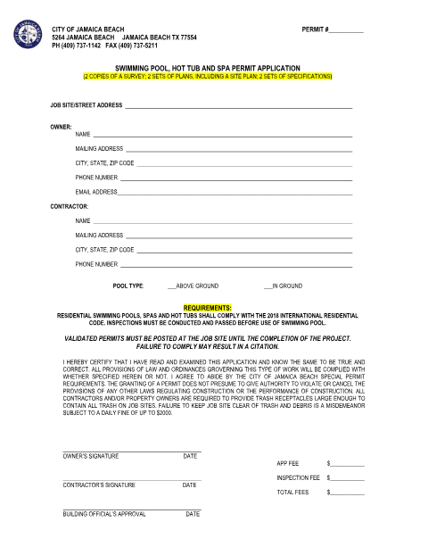 First page of the Swimming Pool, Hot Tub and Spa Permit Application