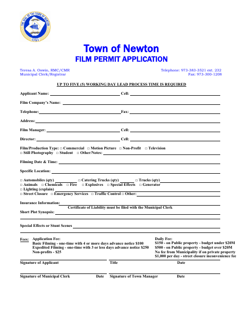 First page of the Film Permit Application