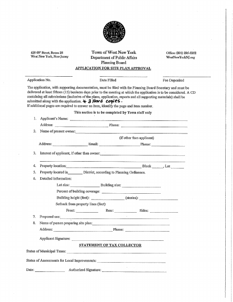 First page of the Planning Board Application for Site Plan Approval