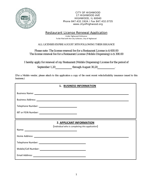 First page of the Restaurant License Renewal Application