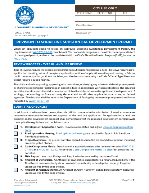 First page of the Revision to Shoreline Substantial Development Permit
