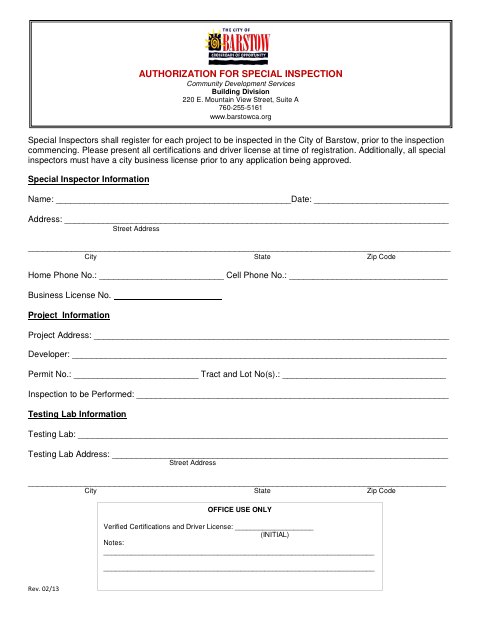 First page of the Special Inspection Authorization Form