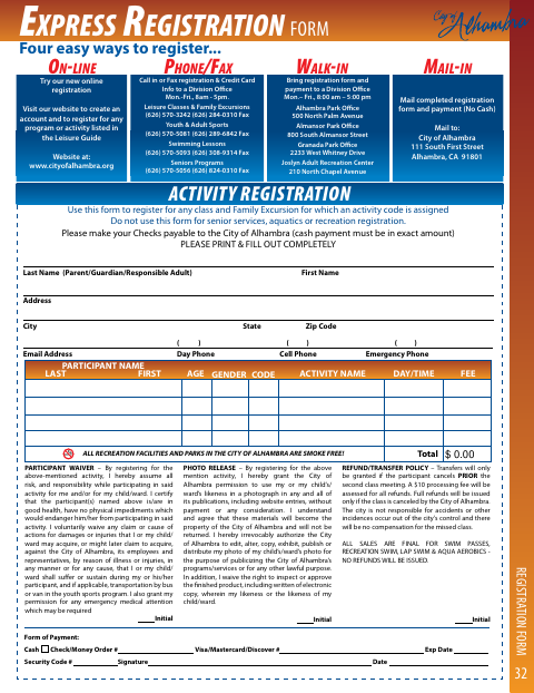 First page of the Express Registration Form