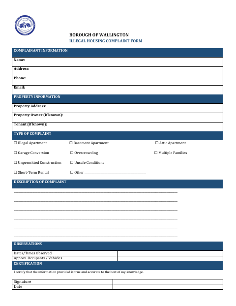 First page of the Illegal Housing Complaint Form