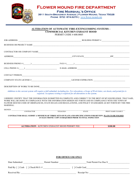 First page of the Alteration of Automatic Fire-Extinguishing Systems – Commercial Kitchen Exhaust Hood Permit