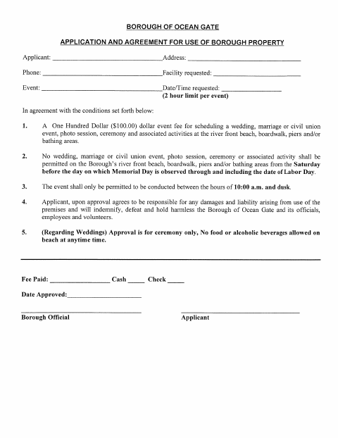 First page of the Application and Agreement for Use of Borough Property