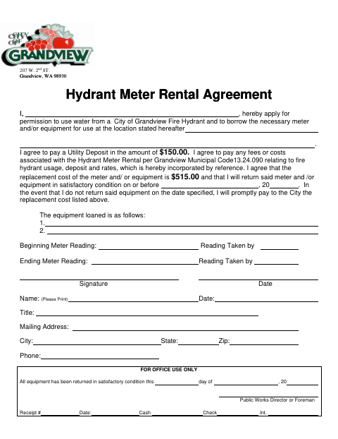 First page of the Hydrant Meter Rental Agreement