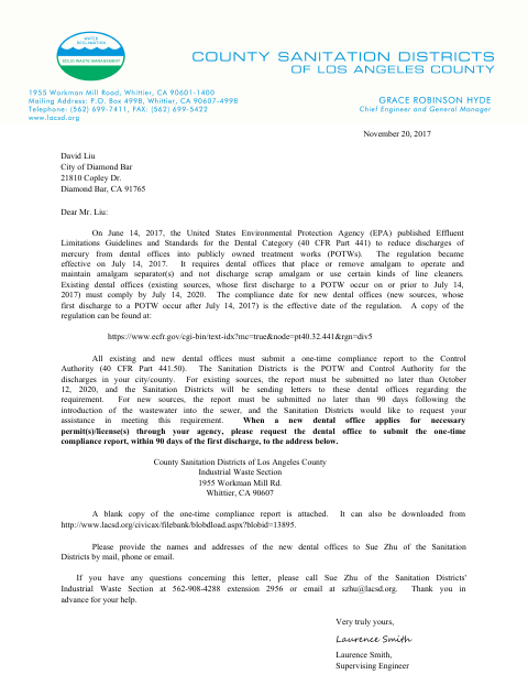 First page of the One-Time Compliance Report for Dental Discharges
