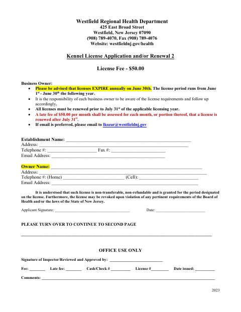 First page of the Kennel License Application and/or Renewal