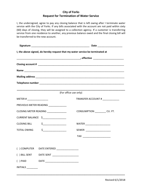 First page of the Request for Termination of Water Service