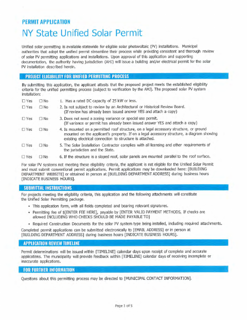 First page of the NY State Unified Solar Permit Application
