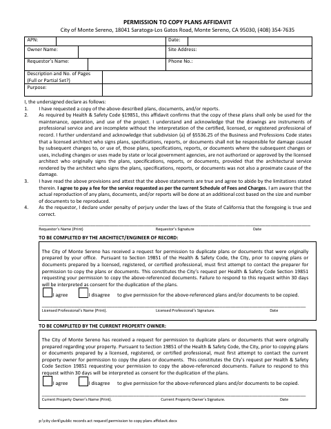 First page of the Permission to Copy Plans Affidavit