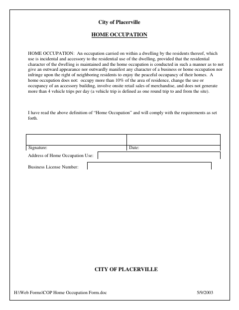 First page of the Home Occupation Form