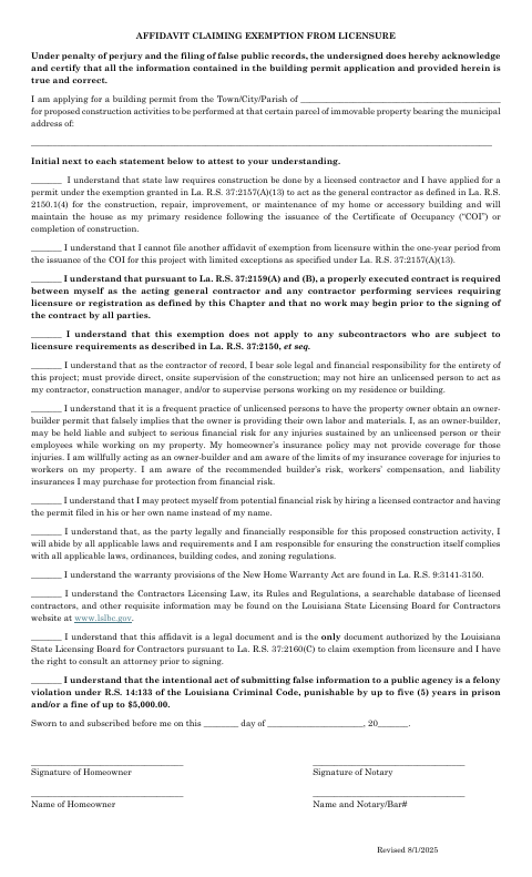 First page of the Homeowner Affidavit Claiming Exemption From Licensure