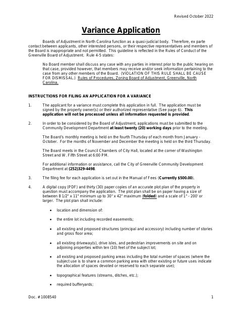 First page of the Variance Application