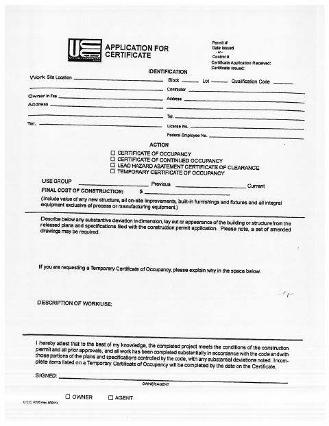 First page of the Application for Certificate