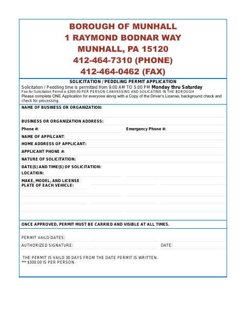 First page of the Solicitation / Peddling Permit Application