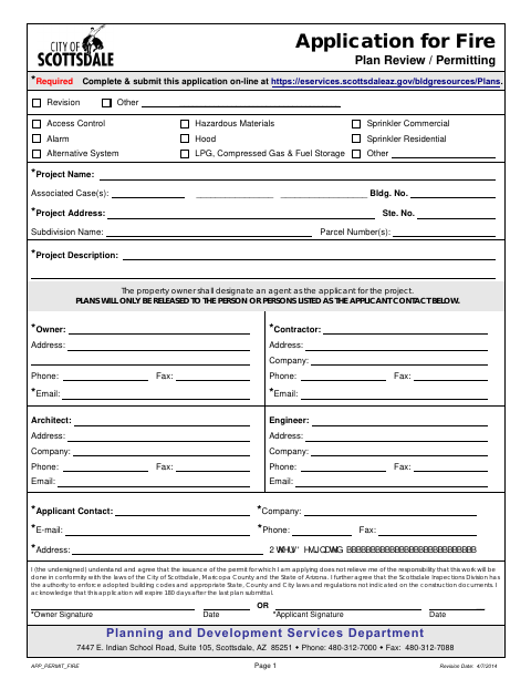 First page of the Application for Fire Plan Review / Permitting