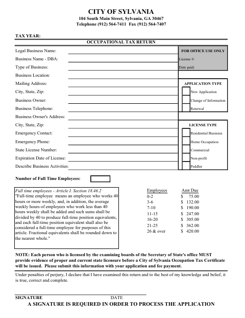 First page of the Occupational Tax Return and Affidavits