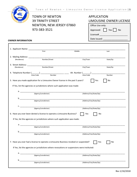 First page of the Limousine Owner License Application