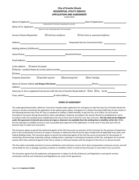 First page of the Residential Utility Service Application and Agreement