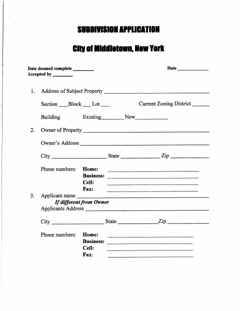 First page of the Minor Subdivision Application