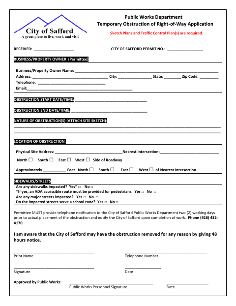 First page of the Temporary Obstruction of Right-of-Way Application