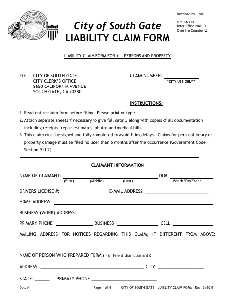 First page of the Liability Claim Form