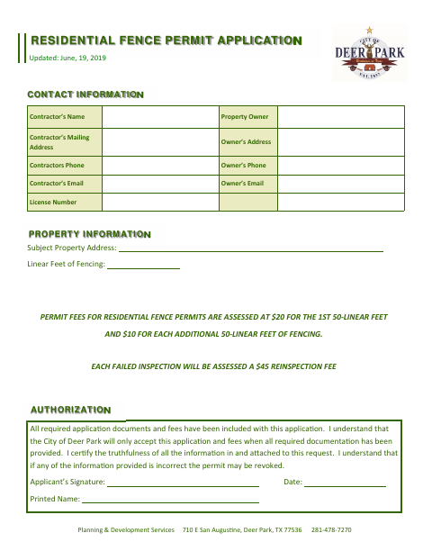 First page of the Residential Fence Permit Application