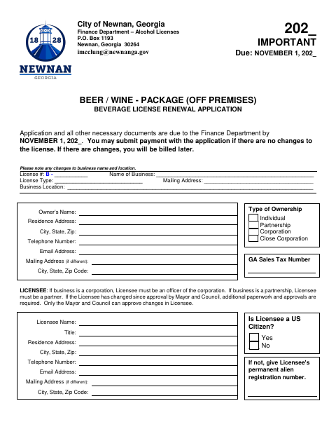 First page of the Beer and Wine Package License Renewal Application