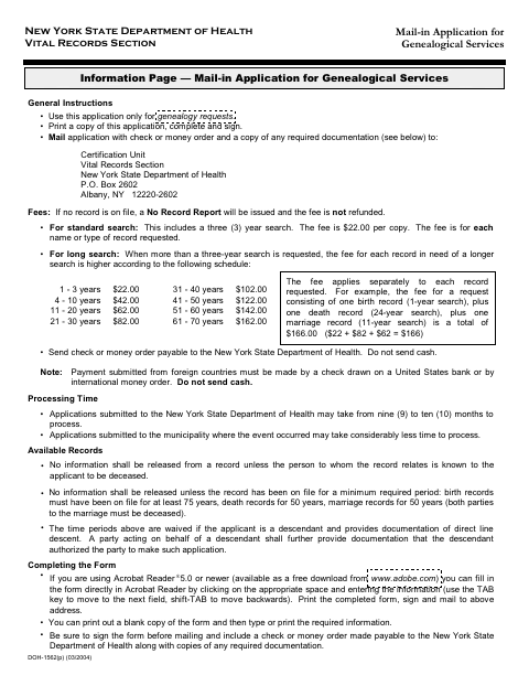 First page of the Mail-In Application for Genealogical Services