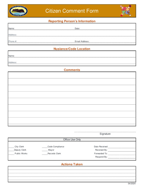 First page of the Citizen Comment Form