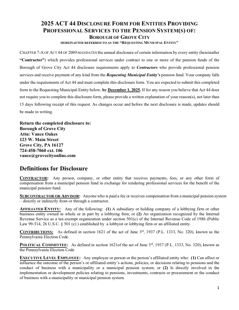 First page of the Act 44 Pension Services Disclosure Form