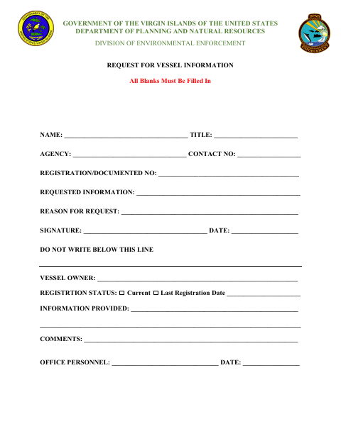 First page of the Request for Vessel Information