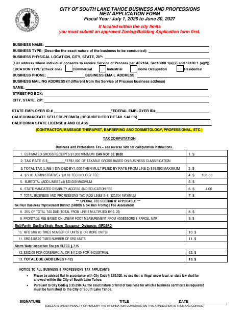 First page of the Business And Professions New Application Form