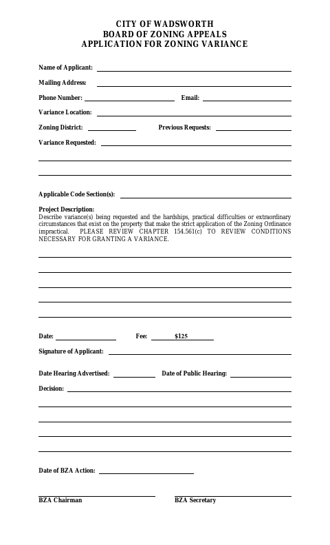 First page of the Application for Zoning Variance