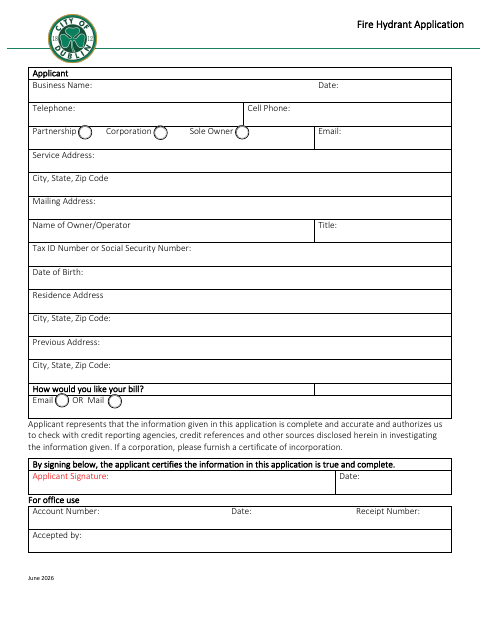 First page of the Fire Hydrant Application