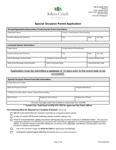 First page of the Special Occasion Permit Application