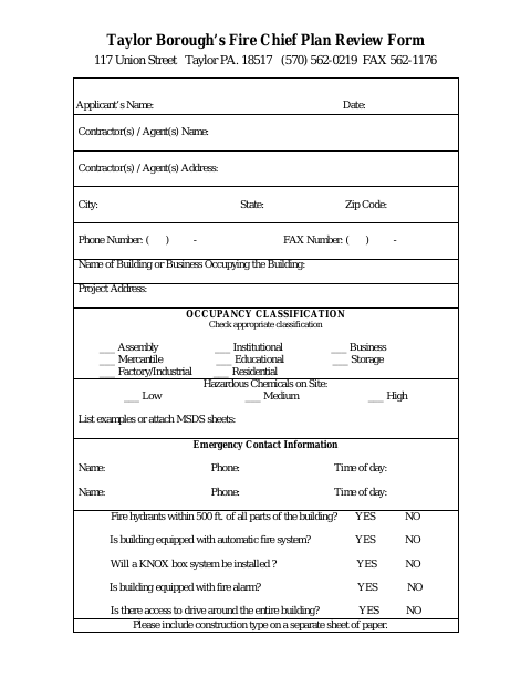 First page of the Fire Chief Plan Review Form