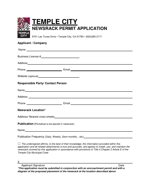 First page of the Newsrack Permit Application