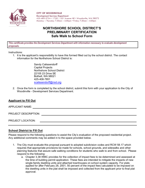 First page of the Northshore School District Safe Walk to School Preliminary Certification