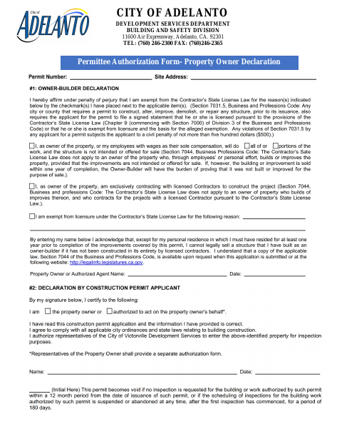 First page of the Permittee Authorization Form – Property Owner Declaration